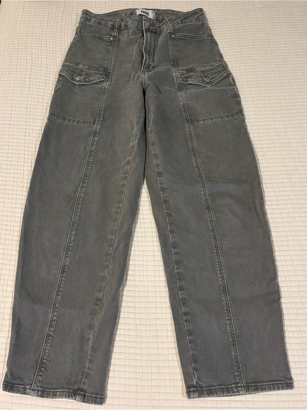 PAIGE Alexis Olive Green Utility Barrel Leg Jeans Size 27